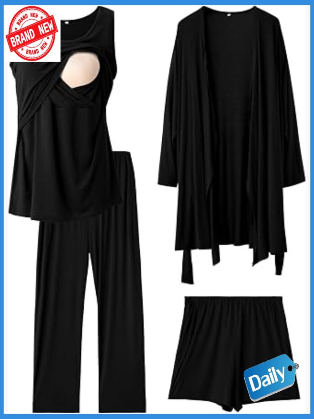 4 Pcs Nursing Pajama Set with Robe Postpartum Pajama Gown Maternity